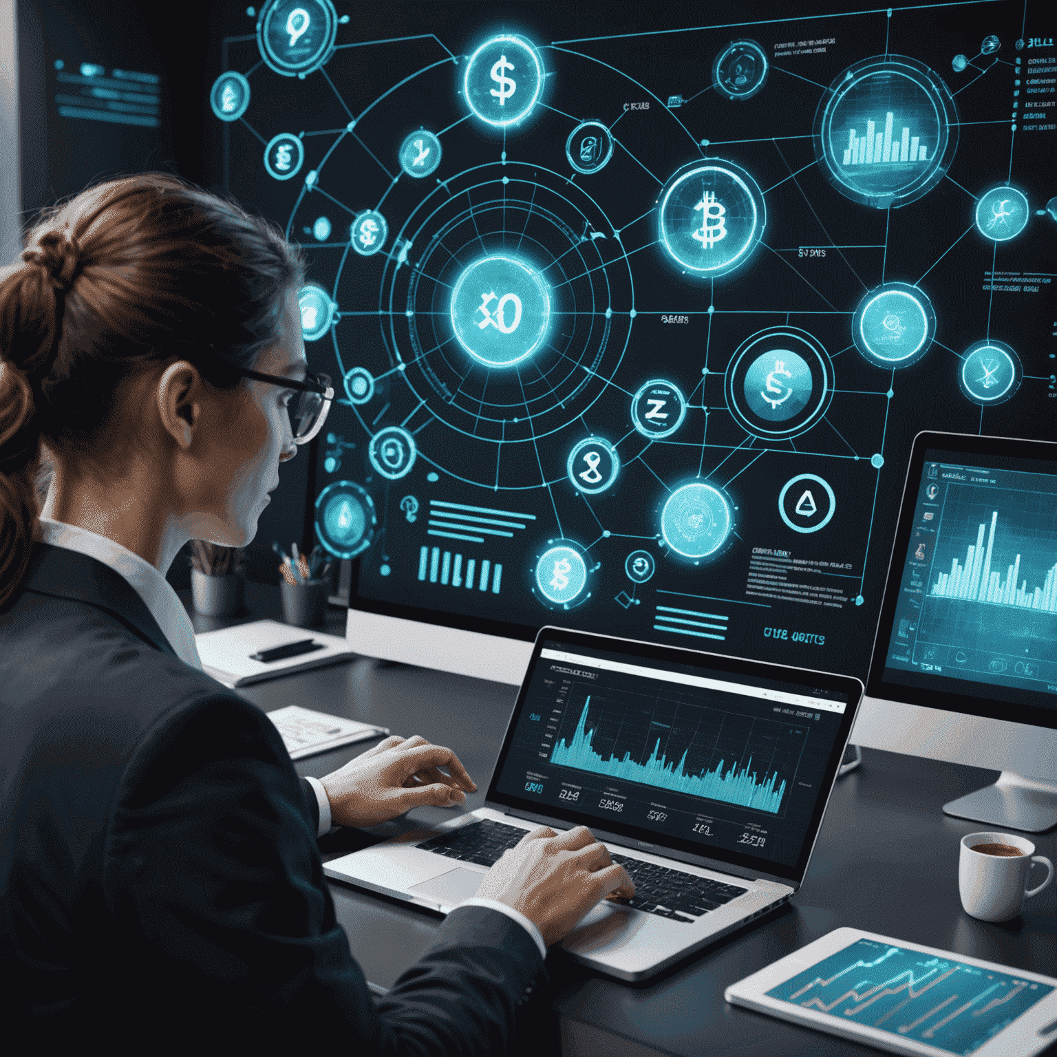 Futuristic image showing a person using a holographic interface to manage their finances, with graphs, charts, and digital currency symbols floating around