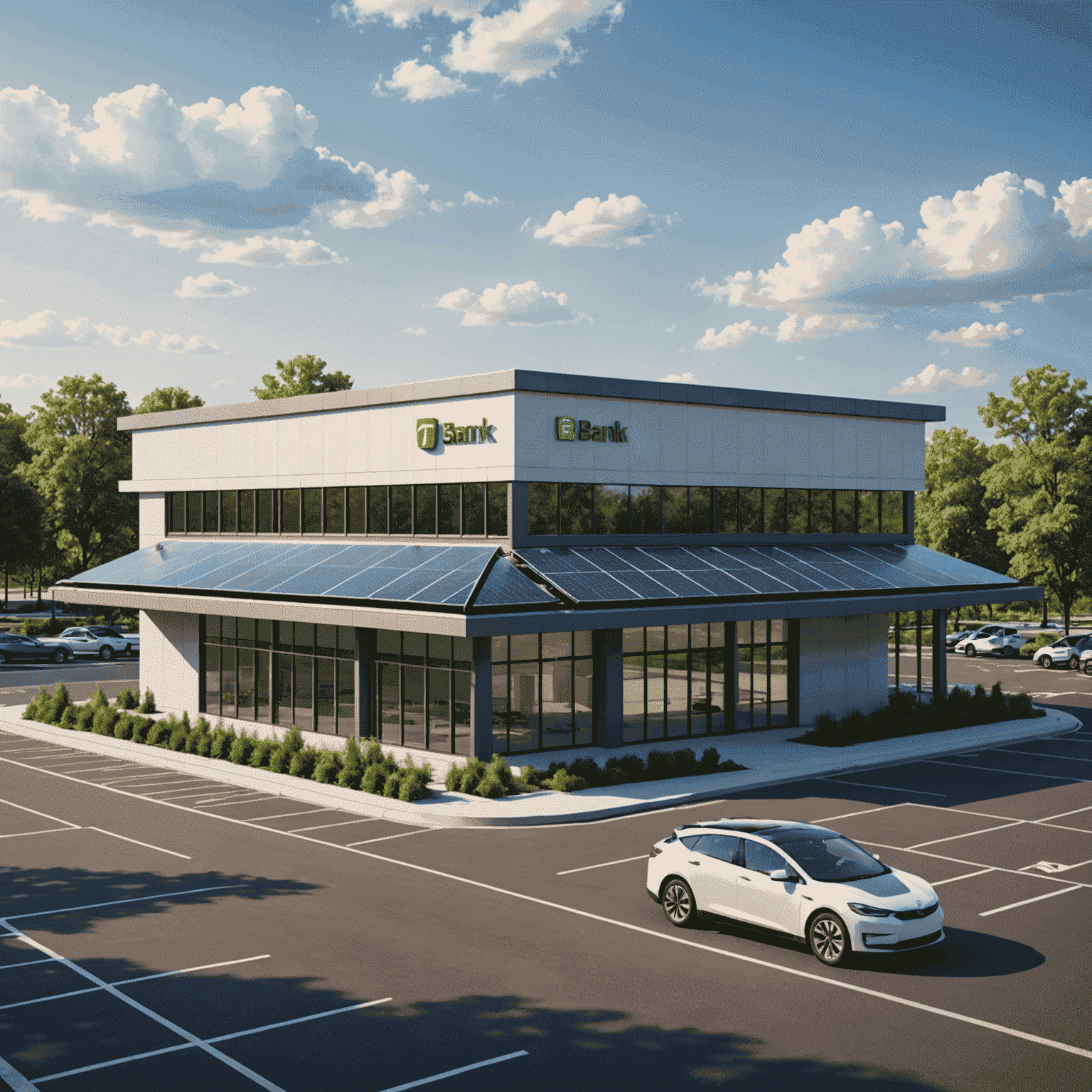 A modern bank building with solar panels on the roof and electric vehicle charging stations in the parking lot, symbolizing sustainable banking practices