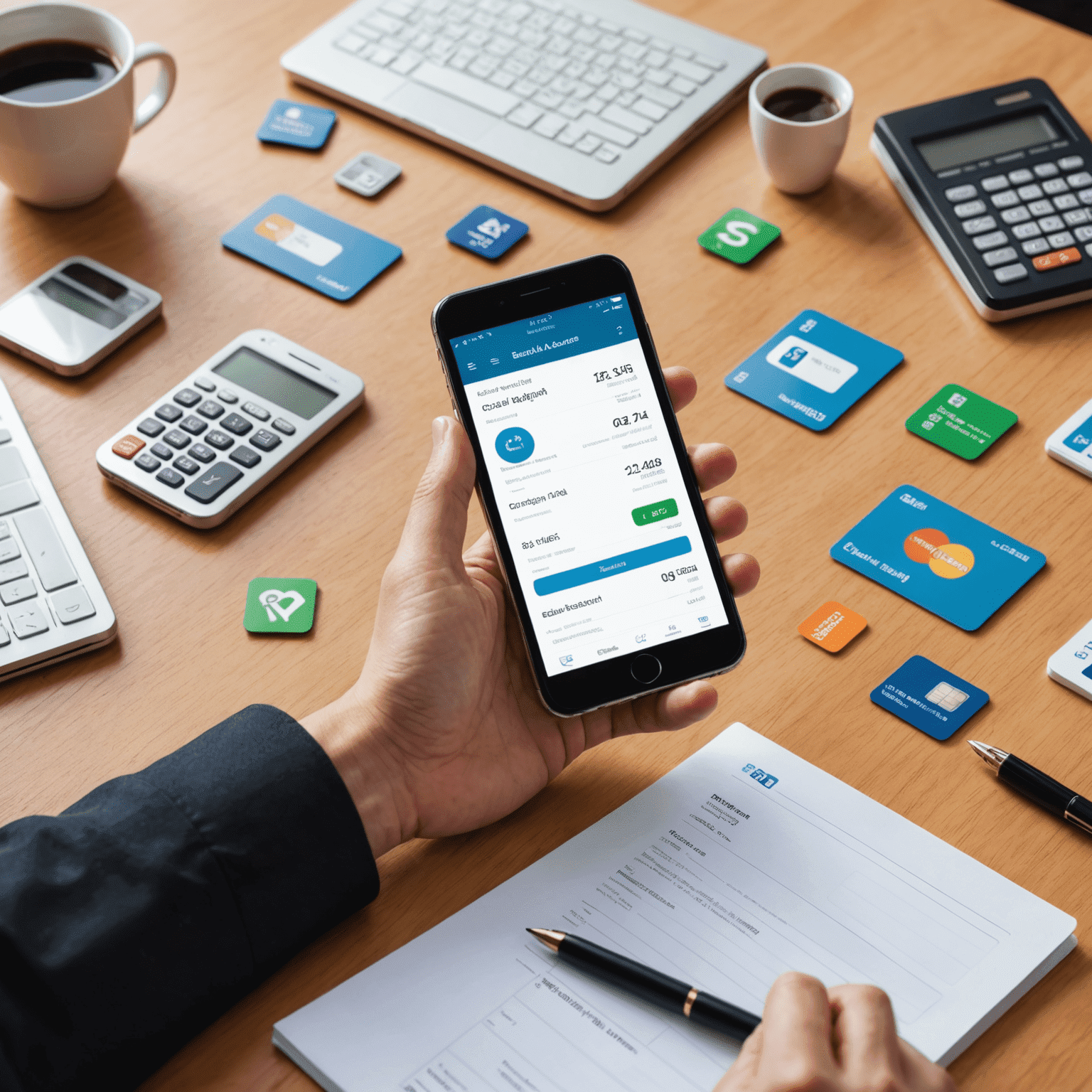 A person using a smartphone to check their bank account balance, with icons representing various personal banking services floating around them