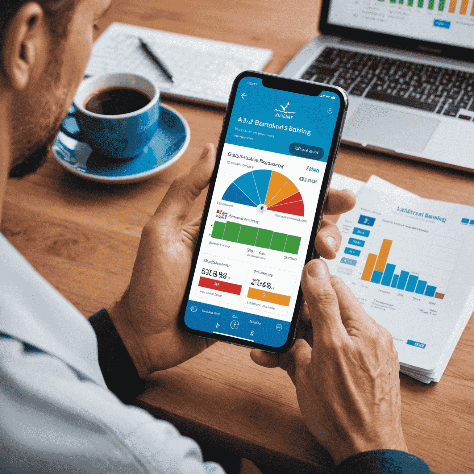 A person using a smartphone to access Alliant's digital banking app, showcasing an intuitive interface with colorful graphs and easy-to-use features