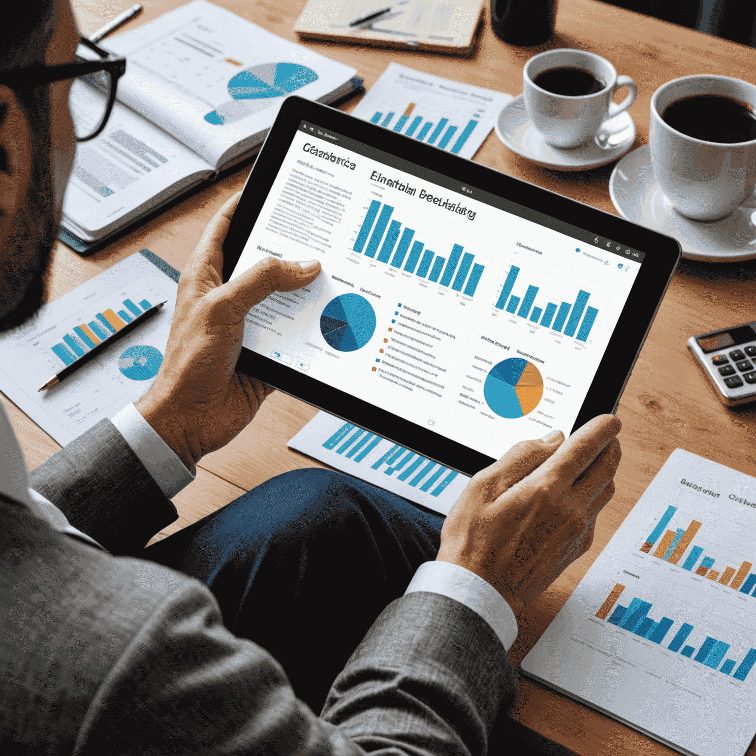 A person reading financial articles on a tablet, surrounded by charts and graphs