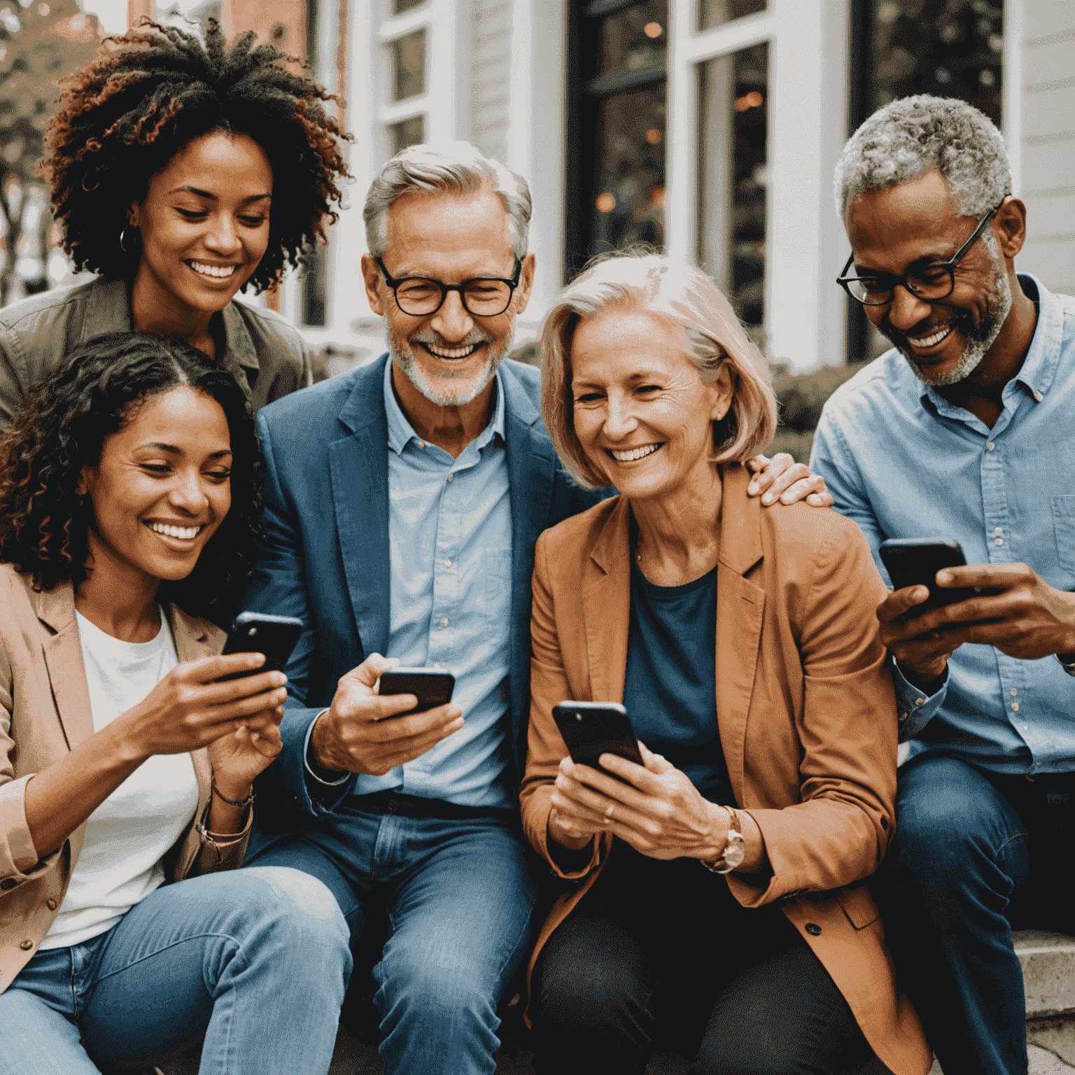 A diverse group of happy Alliant customers using their smartphones to manage their finances. The image shows people of different ages and backgrounds, emphasizing the inclusivity of Alliant's services.