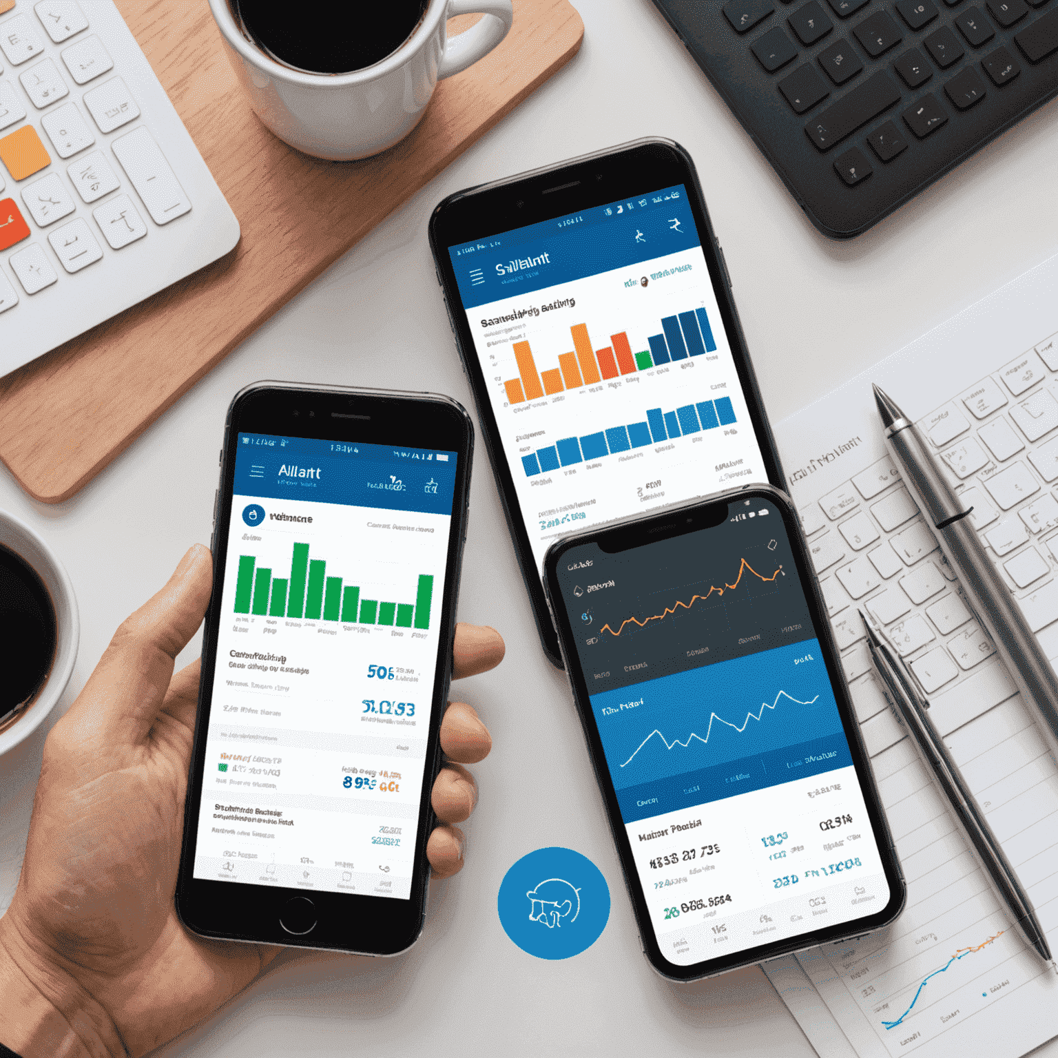 A collage of digital devices showing Alliant's mobile banking app interface, with graphs, charts, and user-friendly icons