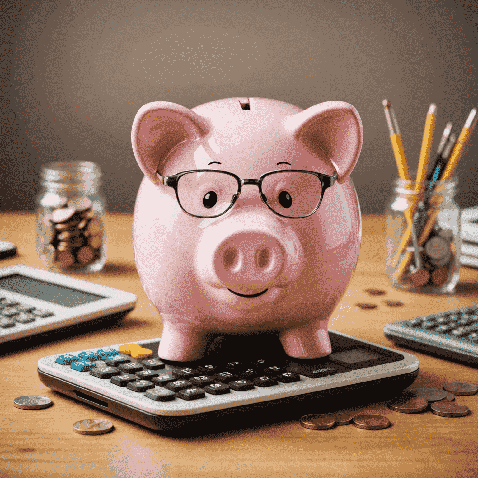 A piggy bank with a digital display showing a growing savings balance, surrounded by coins and calculator