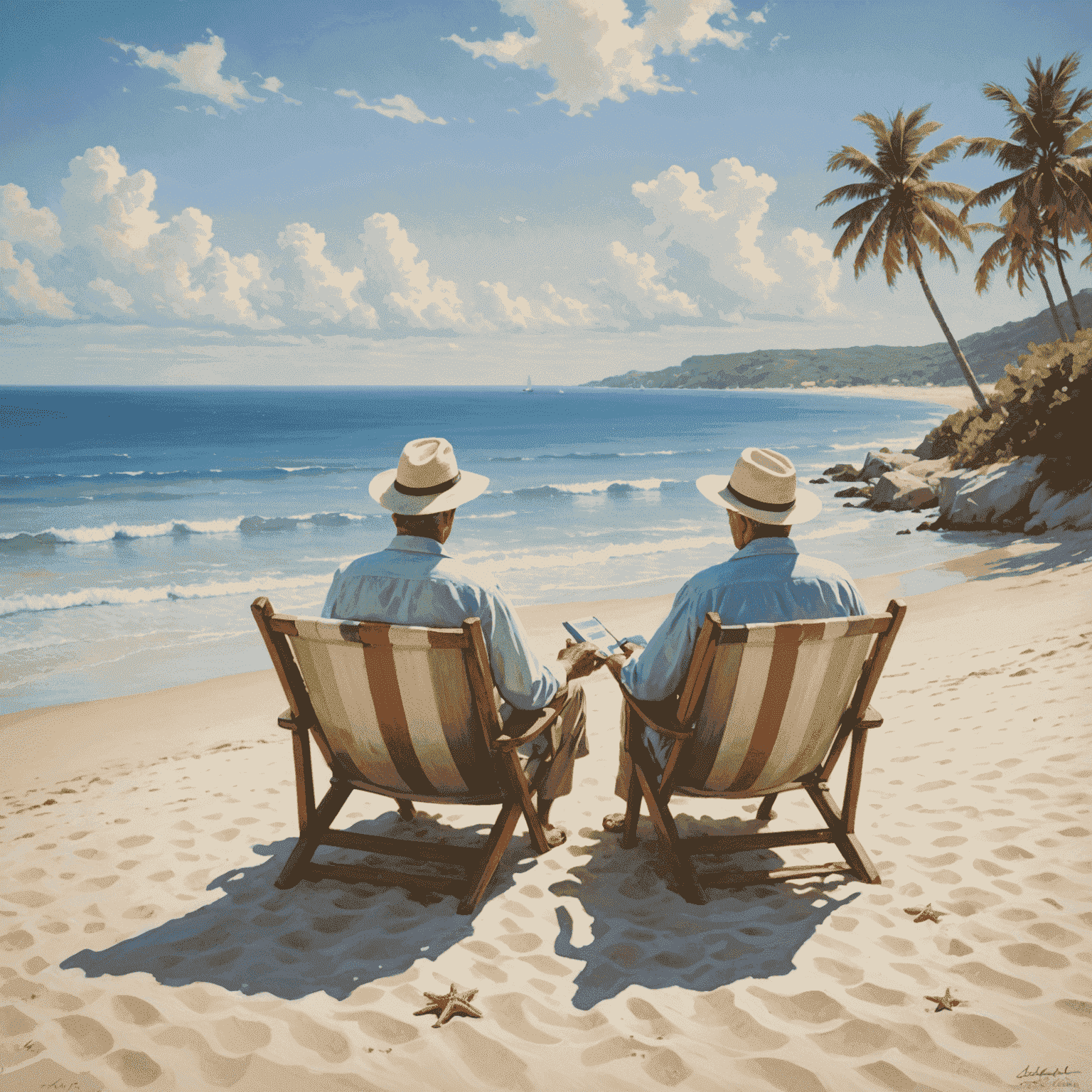 A serene beach scene with a couple enjoying retirement, symbolizing successful long-term financial planning