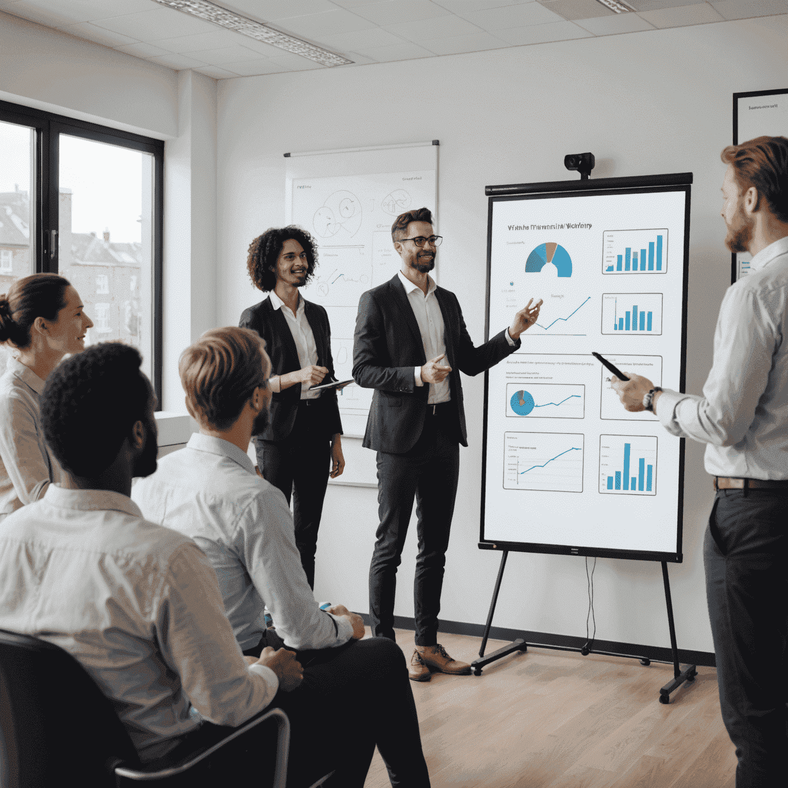 A group of people attending a virtual financial workshop, with a presenter explaining concepts on a digital whiteboard