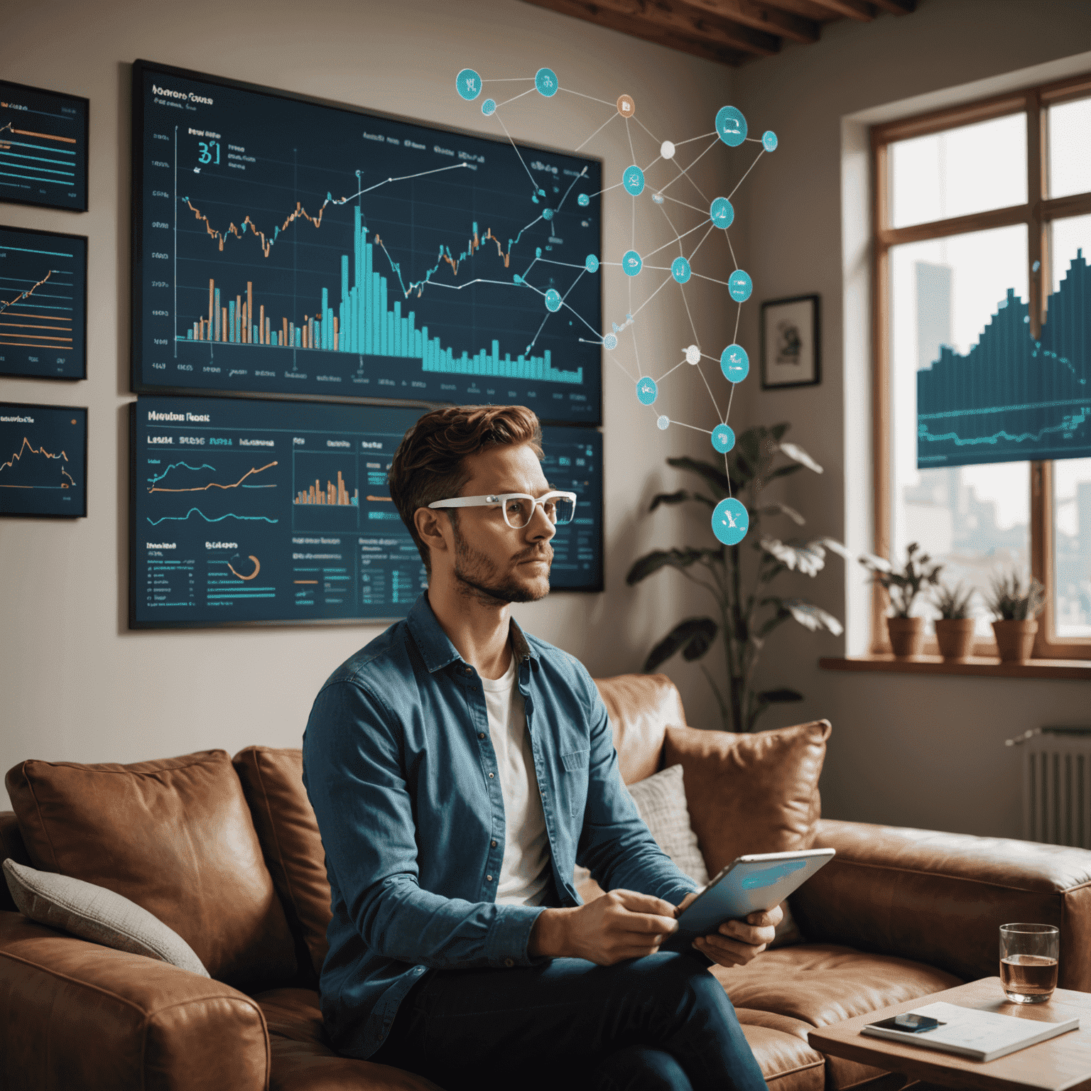 Person wearing AR glasses interacting with 3D charts and graphs representing their financial data floating in their living room