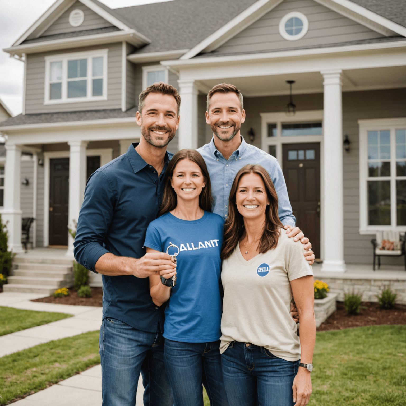 A happy family standing in front of their new home, holding a set of keys, with a subtle Alliant logo in the background