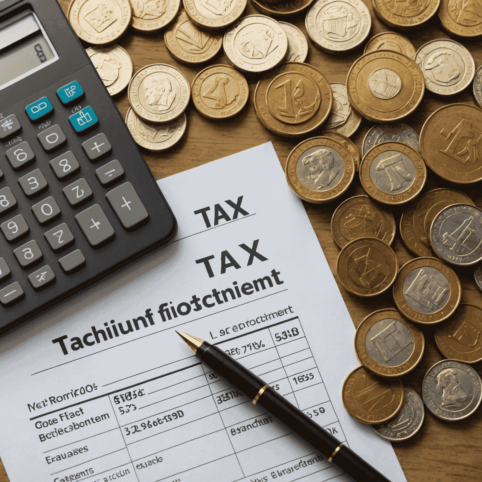 A simplified tax form with a calculator and coins, representing tax-efficient investment strategies