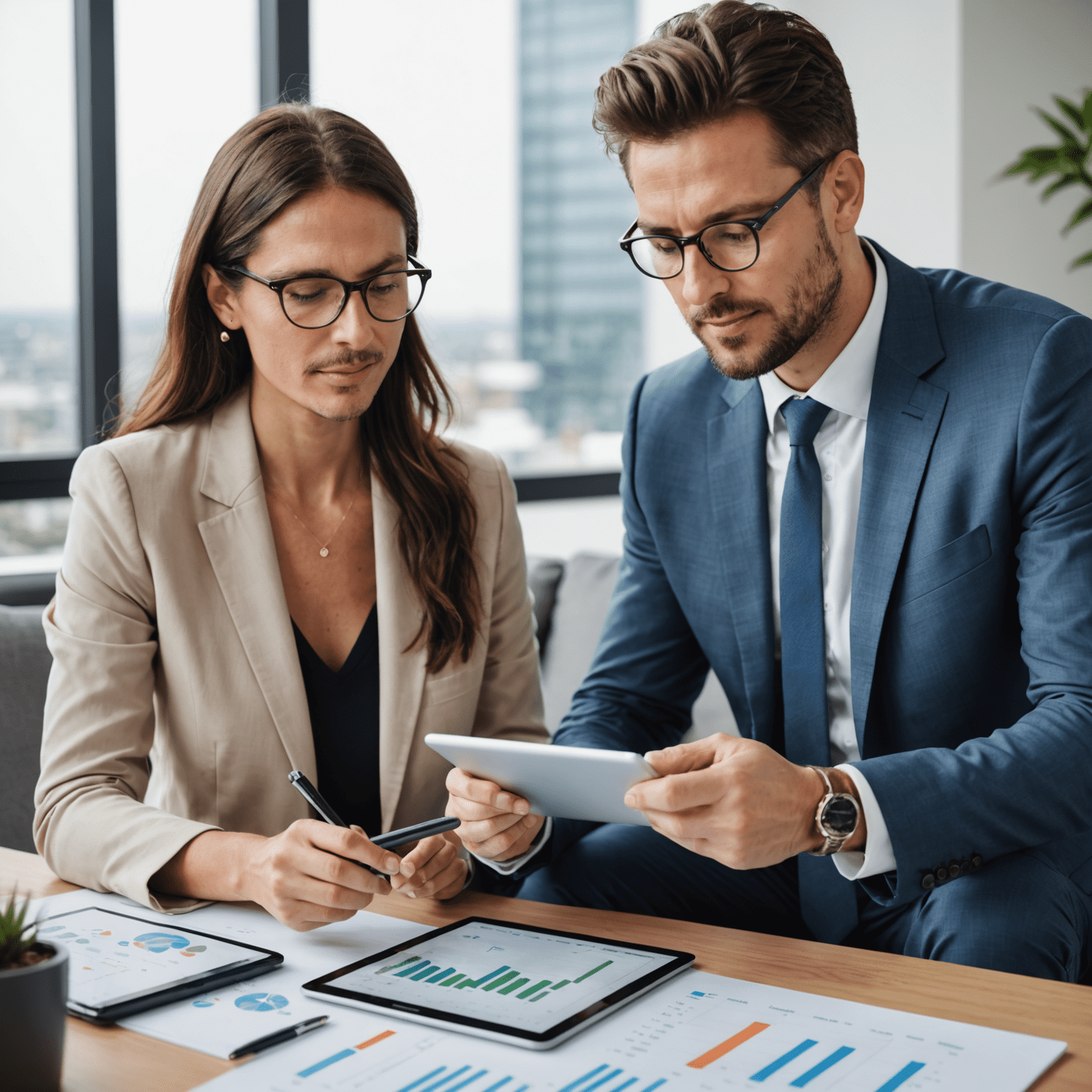 A professional financial advisor discussing investment strategies with a client, using charts and graphs on a tablet