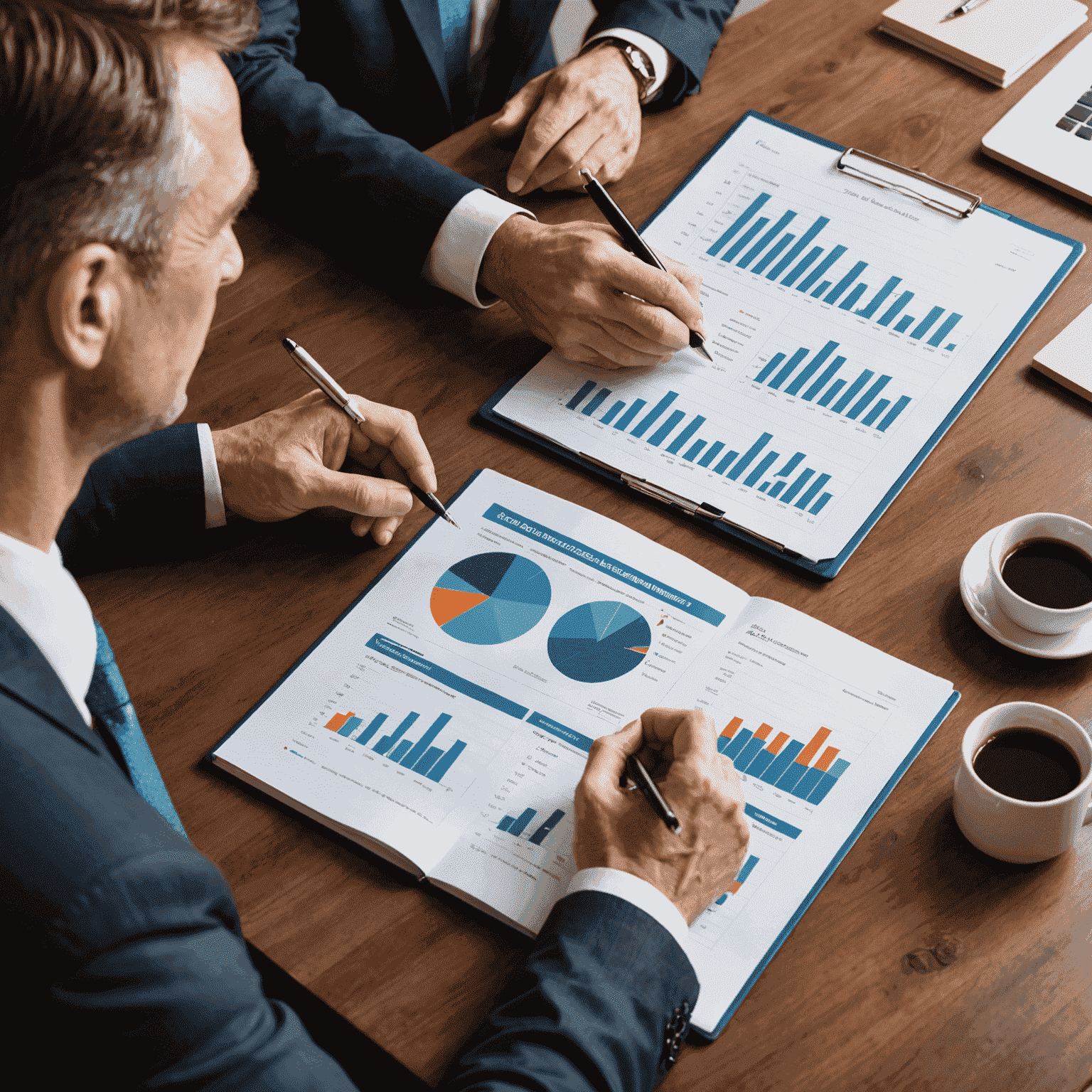 A professional financial advisor discussing a wealth management plan with a client, using charts and graphs