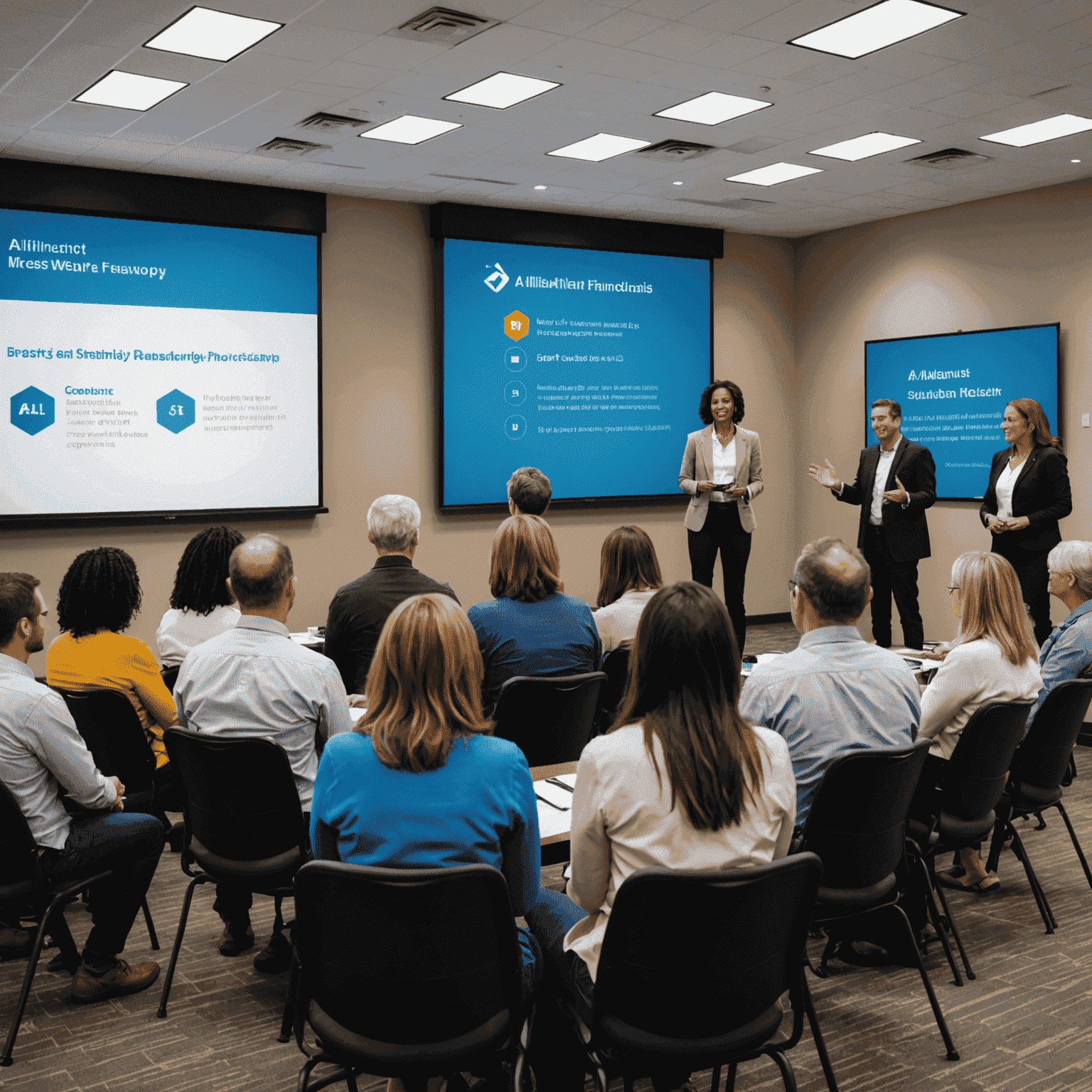 A diverse group of people attending an Alliant financial workshop, with a presenter explaining concepts on a large screen